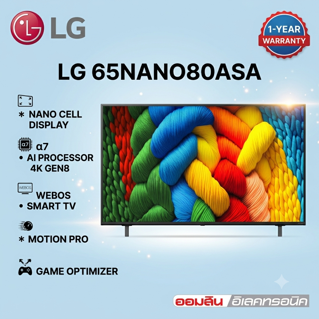 LG ทีวี 65" LG NanoCell AI NANO80 4K Smart TV 2025 รุ่น 65NANO80ASA มีรีโมทเมจิก