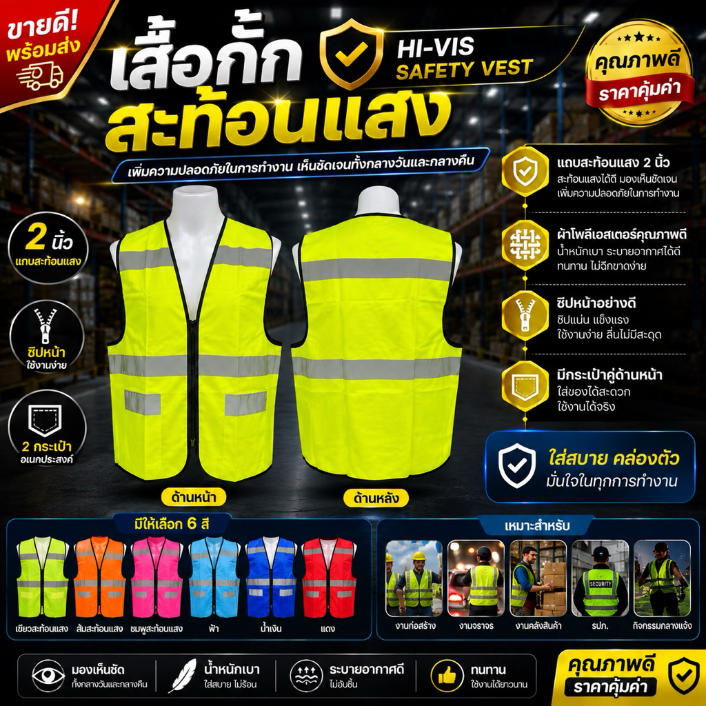 เสื้อกั๊กสะท้อนแสง ซิปหน้า 2 กระเป๋า ผ้าเรียบแถบสะท้อนแสง 2 นิ้ว เสื้อเซฟตี้ Hi-Vis Safety Vest งานก