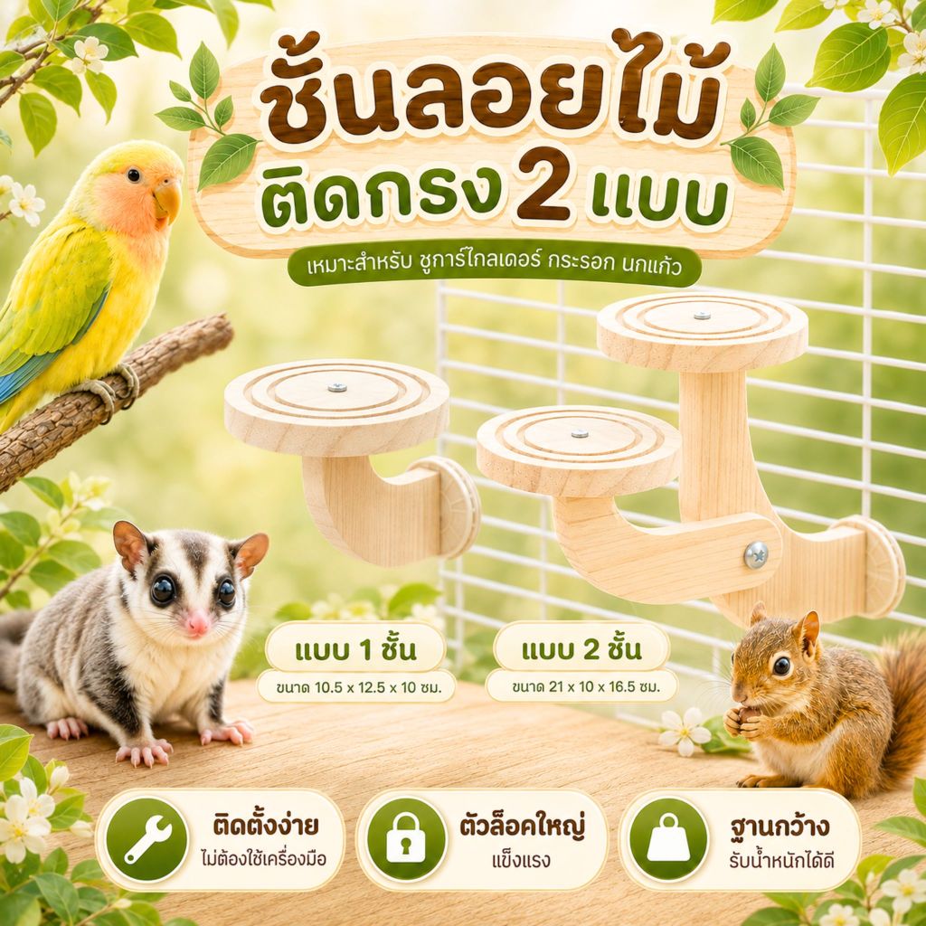 ชั้นลอยไม้ติดกรง ของเล่นชูการ์ไกลเดอร์ กระรอก นกแก้วเล็ก มีแบบ 1 ชั้น 2 ชั้น