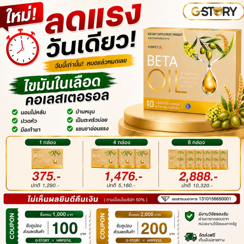 BETA OIL 1/4/8 กล่อง กล่องละ 10 แคปซูล ดูแลสมดุลไขมัน คอเลสเตอรอล ไตรกลีเซอไรด์ สูตรน้ำมันรำข้าว คาโนลา มะกอก