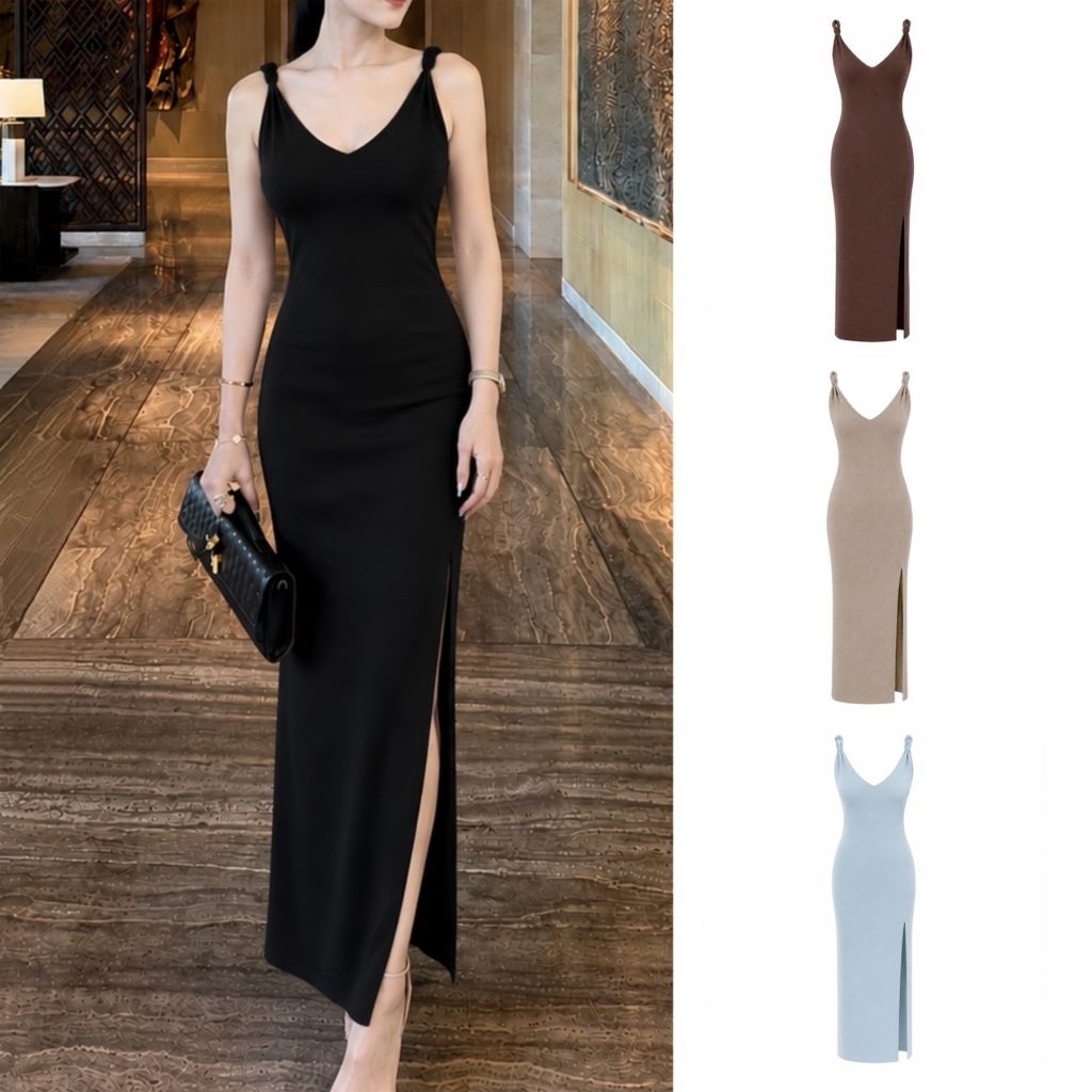 LITAS : LUCIA DRESS เดรสผ่าข้าง เดรสม้วนสาย เดรสไหมพรม