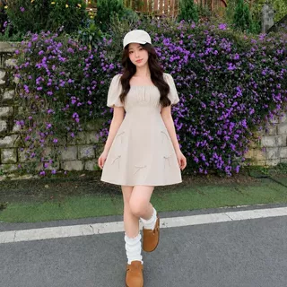【S-5XL】 มินิเดรส เดรสสั้น สีพาสเทล แขนพองตุ๊กตา แต่งโบว์สไตล์เกาหลี น่ารัก เดรสพลัสไซซ์ เดรสออกงาน