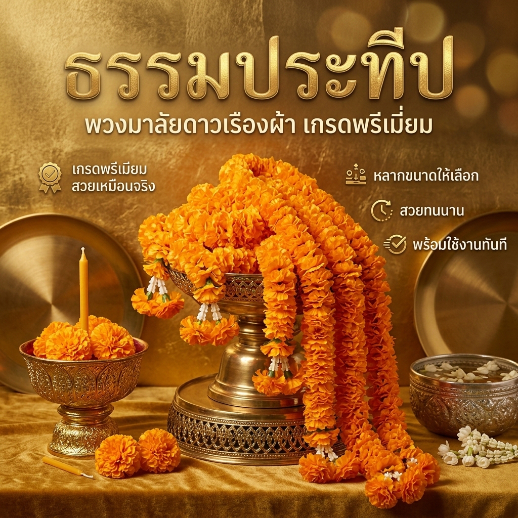 พวงมาลัยดาวเรืองยาว 2 ชาย | ผ้าดอกเล็ก พวงมาลัยแก้บน  ผ้า3สี ของมงคล สำหรับถวายพระและบูชา
