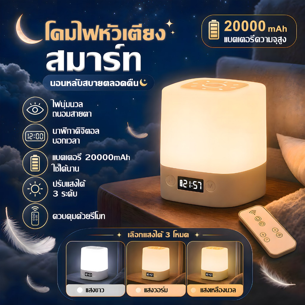 ใช้ได้ยาวนานุด โคมไฟ โคมไฟหัวเตียง แสดงเวลา ปรับแสงได้3สี เปิดไฟเพียงสัมผัสเบา พร้อมรีโมทคอนโทรล โคมไฟตั้งโต๊ะ LED