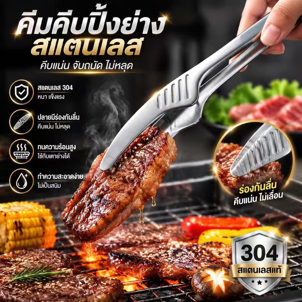 คีมปิ้งย่างสแตนเลส 304 ขนาด8/10/12นิ้ว คีบอาหารปากฟันกันลื่น สำหรับปิ้งย่าง หม้อไฟ สเต็ก บาร์บีคิว