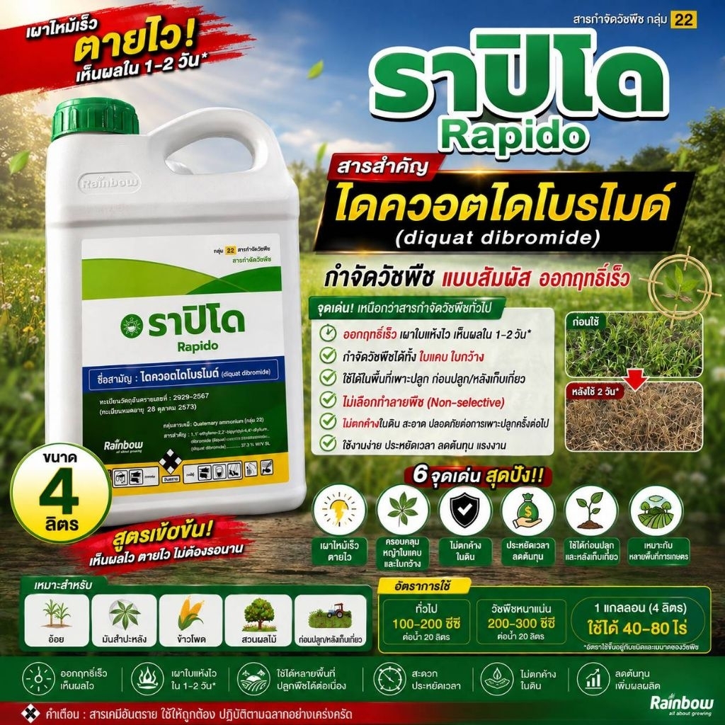 ราปิโด (Rapido) 4 ลิตรไดควอตไดโบรไมด์ (Diquat dibromide) — สารกำจัดวัชพืช กลุ่ม 22กำจัดวัชพืชแบบสัมผ