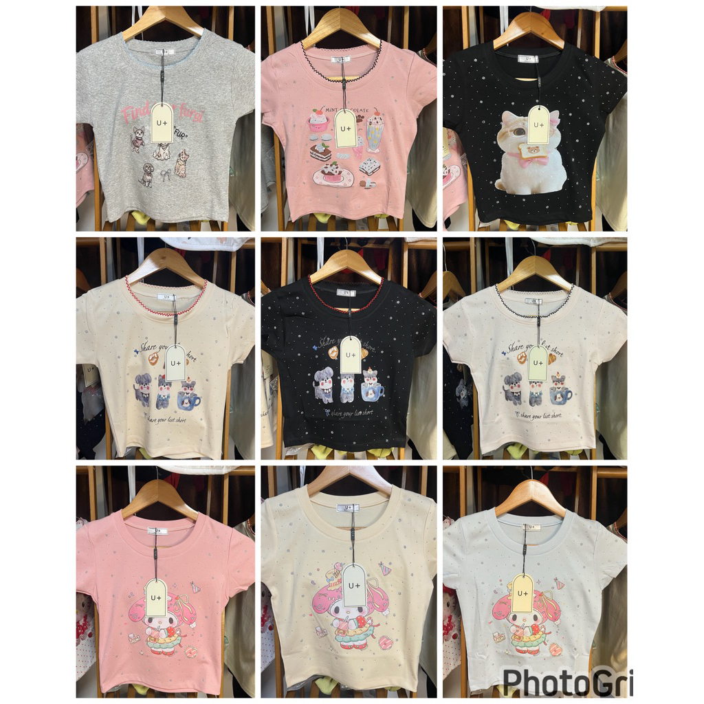 เสื้อป้าย U+ ครอปเข้ารูปรีดเพชร อก30-36”ยาว17“ เสื้อครอปตัวสั้น สำหรับสาวตัวเล็กๆ