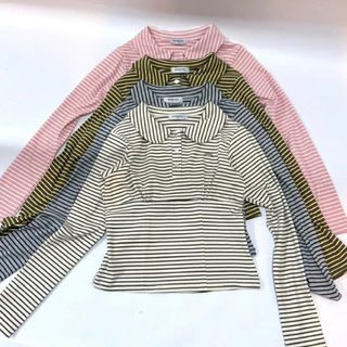 Poppy top - เสื้อคอบัวแขนยาวลายริ้ ผ้าเนื้อหนานุ่ม แต่งอะไหล่ (ป๊อปปี้)
