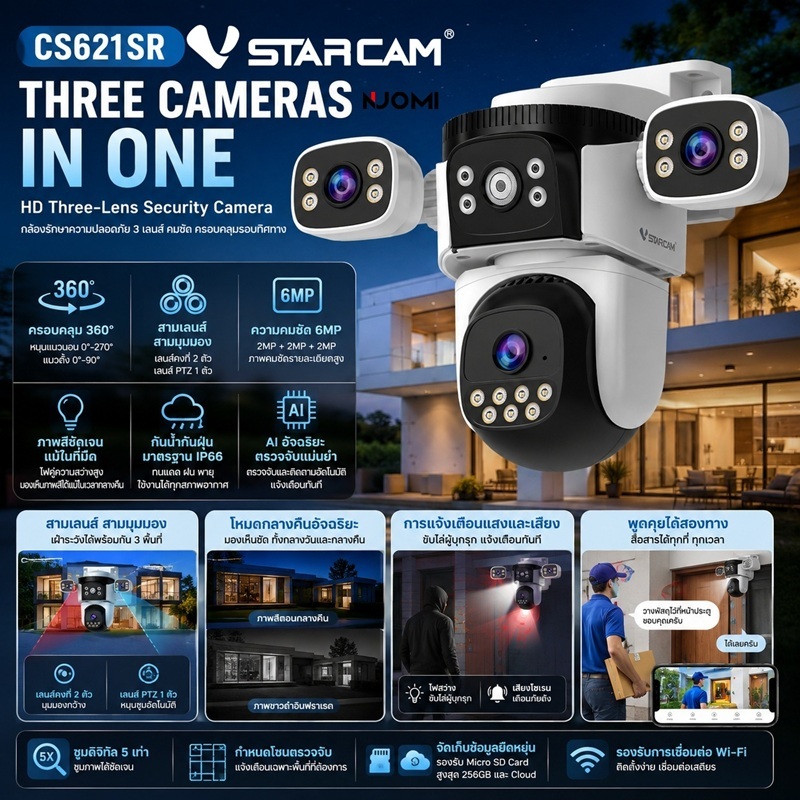 Vstarcam CS621SR Wifi / CG621SR กล้องวงจรปิดใส่ซิม 4G ไร้สาย ความละเอียด 2MP X 3 เลนส์กล้อง iP Camer