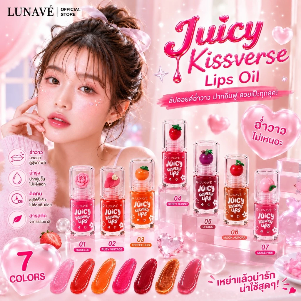 Lunave Juicy Kissverse Lip Oil ลิปออย ลิปกลอส ลิปกลอสใส ลิปฉ่ำ ลิปฉ่ำวาว ลิปน้ำ ลิปเจลลี่ ลิปลูกกวาด ปากกระจกวาว อิ่มฟู