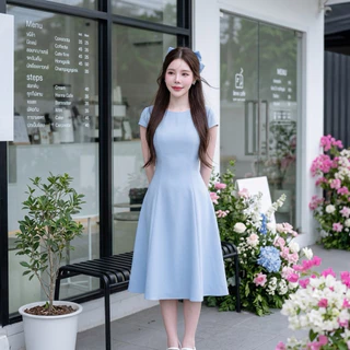 D901 เดรสคอกลมแขนครึ่งวงกลม มีกระเป๋าล้วง ไซส์ S-3XL ความยาว 40 นิ้ว