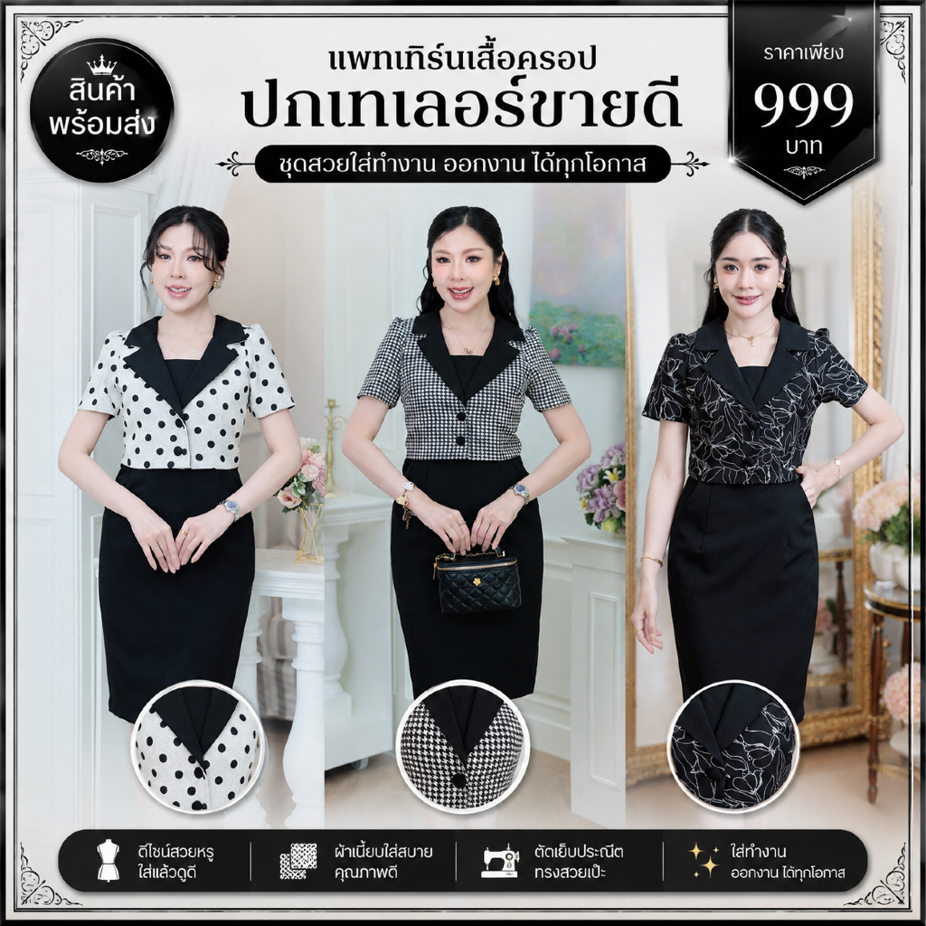 ชุดครอปเทเลอร์  ชุดกล้วยหอมจุด ชุดเทเลอร์ชิ ออกแบบปกสูทเสื้อคลุม ออกแบบเสื้อครอปแต่งกระดุมสำเร็จรูปแขนสั้น มีกระเป๋าข้าง