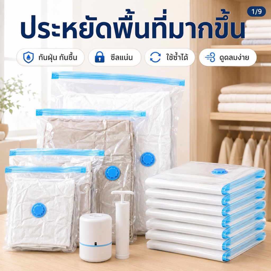ถุงบีบอัดสูญญากาศใส่เสื้อผ้า ผ้าห่ม มีหลายขนาด ซีลแน่น กันชื้นกันรา ประหยัดพื้นที่