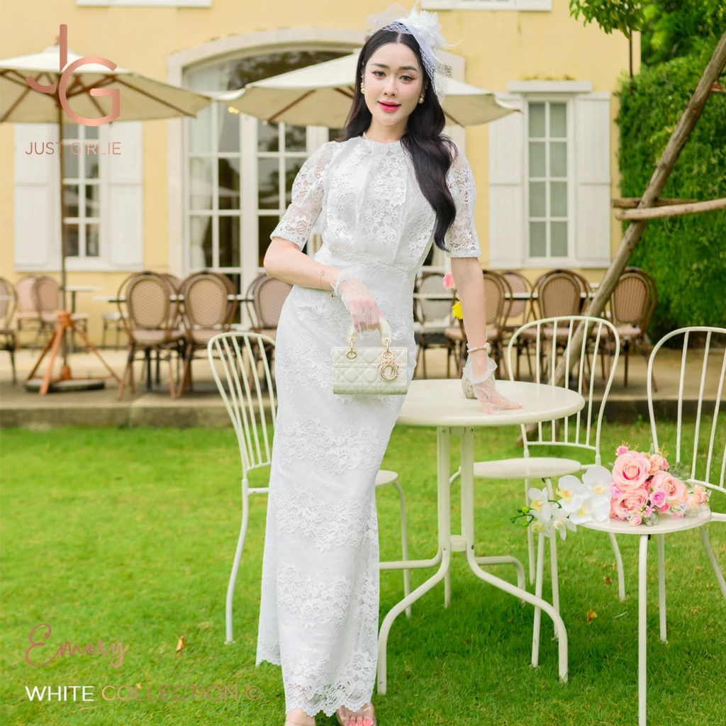 🔥Hot🔥Dress Emery เดรสลูกไม้ยาว ดีไซน์จีบรอบ ทรงเรียบหรู ดูดีมากๆ ใส่ออกงานบุญ งานแต่ง งานบวช สวยเริ่ดมาก มีไซส์ S M L XL