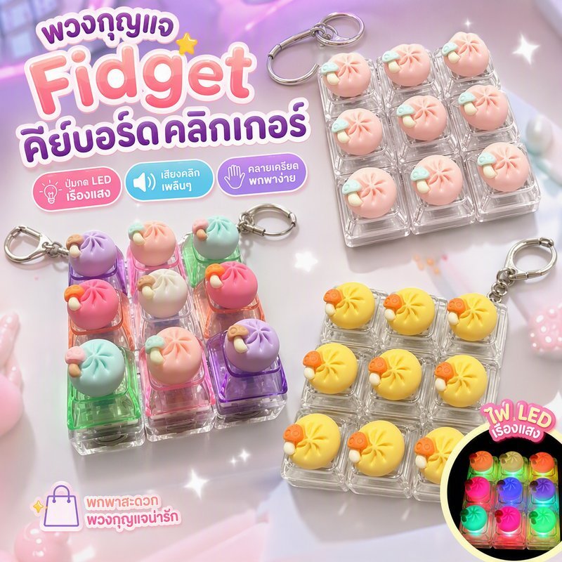 พวงกุญแจ Fidget คีย์บอร์ดคลิกเกอร์ ปุ่มกด LED เรืองแสง คีย์แคปน่ารัก ของเล่นคลายเครียด