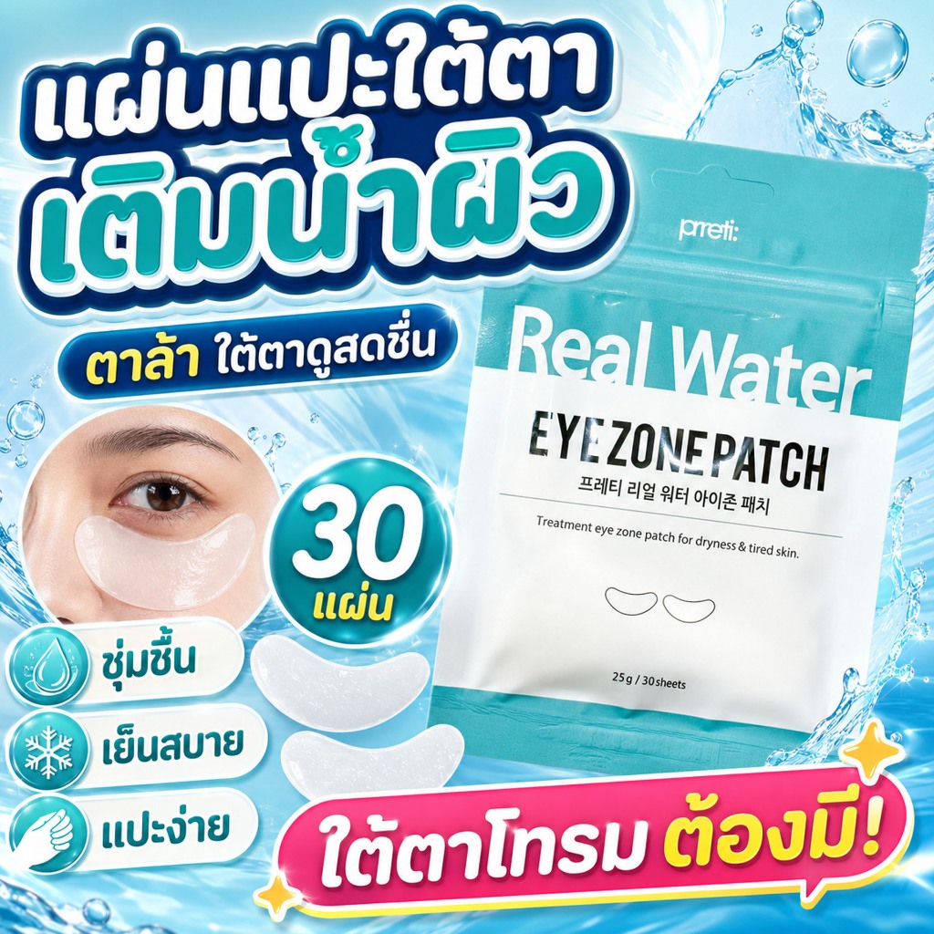 (มีส่งด่วน) Prreti Real Eye Zone Patch - Real Water แผ่นมาส์กบำรุงผิวรอบดวงตา สูตรเติมน้ำให้ผิวฉ่ำวาว