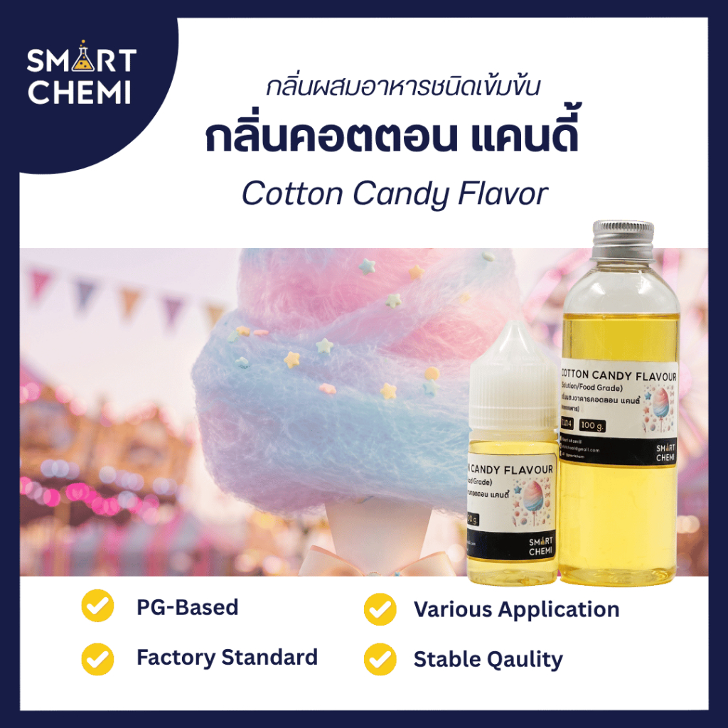 กลิ่นผสมอาหารเข้มข้น กลิ่นคอตตอน แคนดี้ (Cotton Candy) Flavour, ละลายน้ำ ( Water Soluble ) 30 g, 100 g