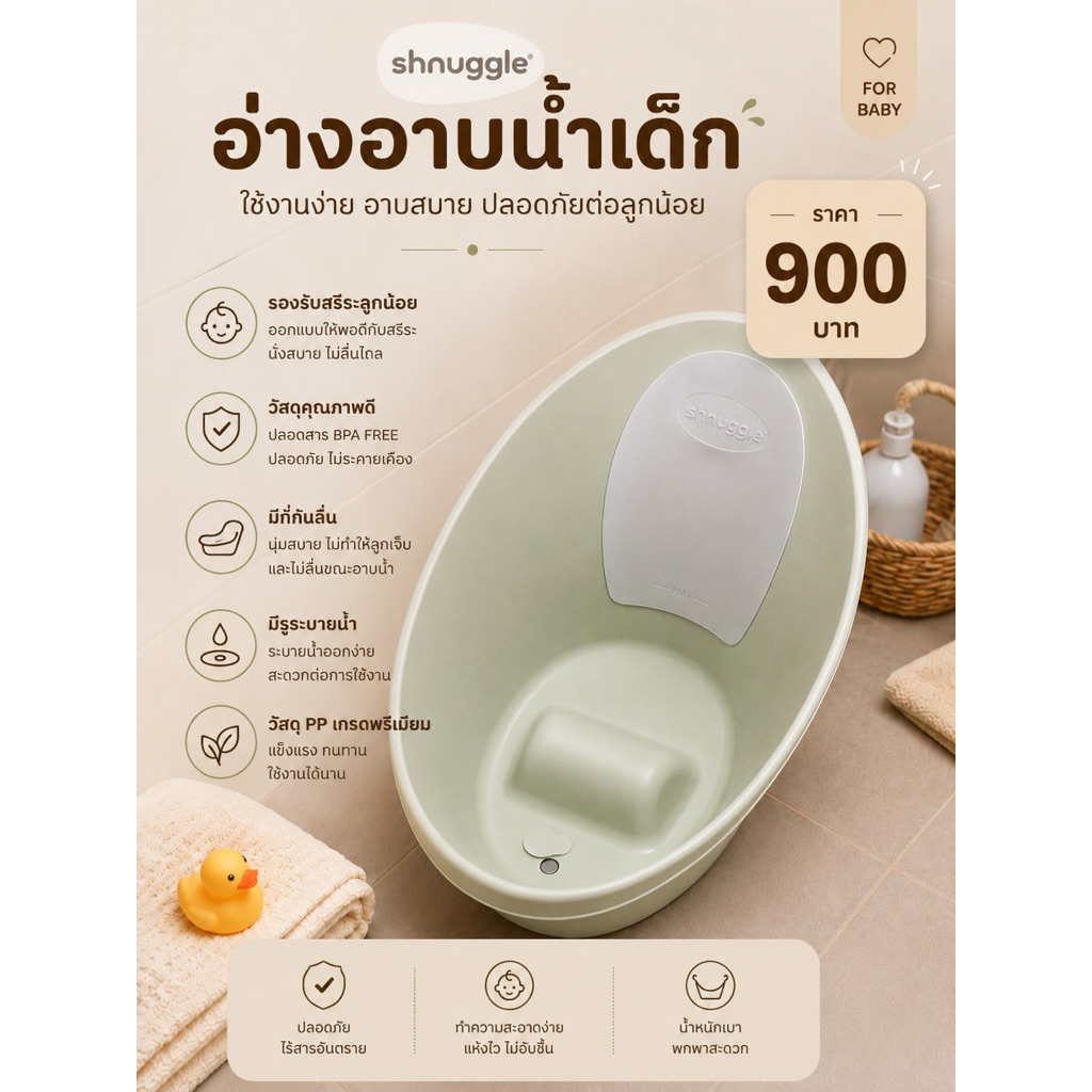 ส่งต่อ: Shnuggle อ่างอาบน้ำเด็ก รุ่น Baby Bath อ่างอาบน้ำสำหรับทารก พร้อมที่รองศีรษะ