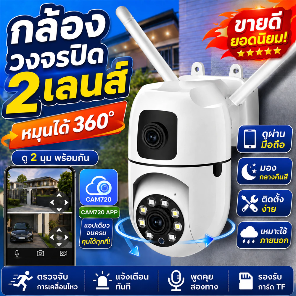 CAM720 กล้องสองเลนส์ หน้าจอคู่ 2กล้อง WiFi ดูพร้อมกันได้ Color Full HD 8+8ล้านพิกเซล กลางคืนภาพสี กล้องวงจรปิดไร้สาย