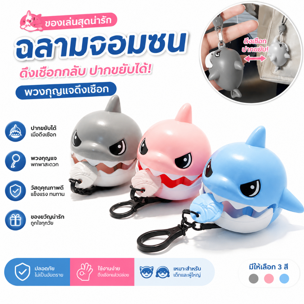 พวงกุญแจฉลามดึงเชือก ของเล่นคลายเครียดสุดฮิต! ดึงแล้วงับเลย น่ารัก ห้อยกระเป๋าได้