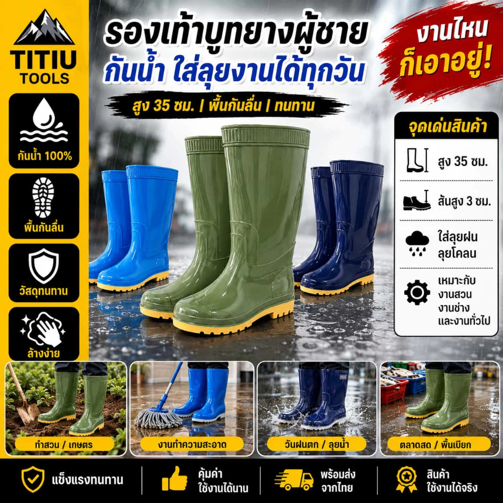 รองเท้าบูทยางผู้ชาย กันน้ำ สูง 35 ซม. พื้นกันลื่น ลุยฝน ลุยงาน ทำสวน งานช่าง ตลาดสด ใส่สบาย ทนทาน