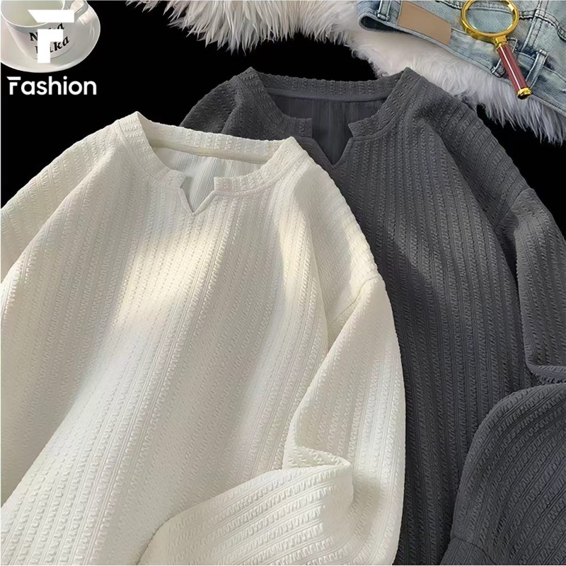 ระบายอากาศดี สวมใส่สบาย! เสื้อยืดคอวีแขนยาว เนื้อวาฟเฟิล Unisex ชาย-หญิง เนื้อนุ่มไม่คัน