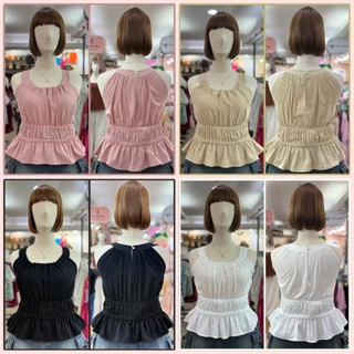 2S-2122-เสื้อกล้ามสายเดี่ยว ผ้าคัตตอลลินินอัดยับ แต่งย่น สม็อคเอว พรางหุ่น เสื้อสาวอวบ อก38-54นิ้ว