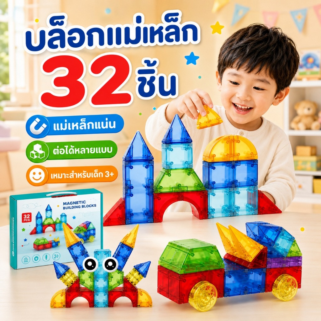 KiKi Magnetic Blocks 32 ชิ้น บล็อกแม่เหล็ก ตัวต่อแม่เหล็ก ของเล่นเสริมพัฒนาการ STEM สำหรับเด็ก 3+