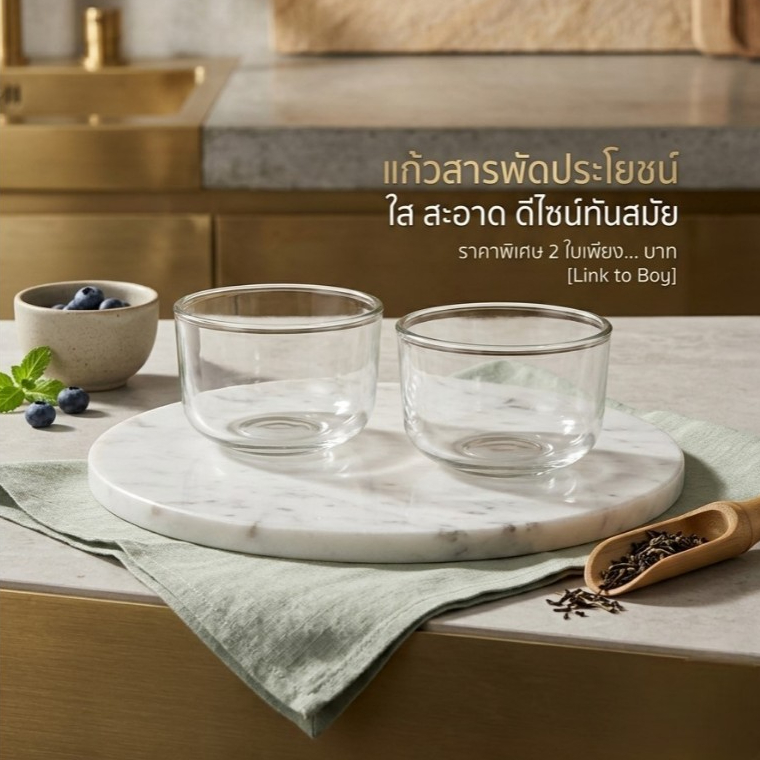 ALL U CAN BUY แพ็ค2ชิ้น  ถ้วยแก้วใสทรงกลม อเนกประสงค์ (ขนาด 7.5 x 5 ซม.)