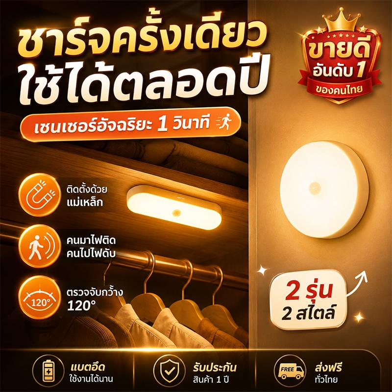 ไฟเซนเซอร์อัตโนมัติ ตรวจจับเคลื่อนไหว โคมไฟเซนเซอร์ LED ชาร์จUSB มีแม่เหล็ก ไฟติดผนังไร้สาย ติดตั้งง่าย