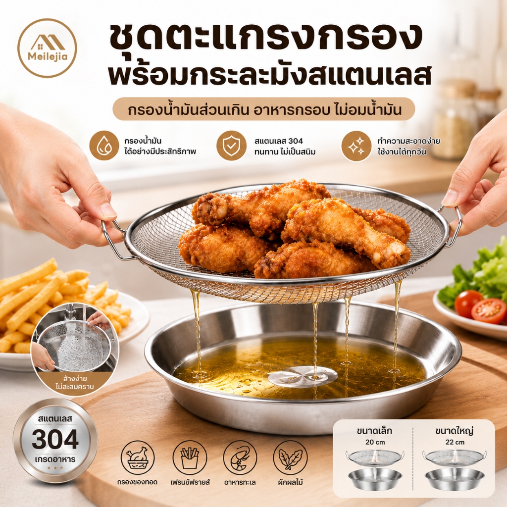 กระชอนสแตนเลส ด้ามพับได้ ตะแกรงทอดเฟรนฟราย ตะแกรงลวกอาหาร กรองน้ำมัน หม้อทอดลึก ใช้งานง่ายในครัวเรือน