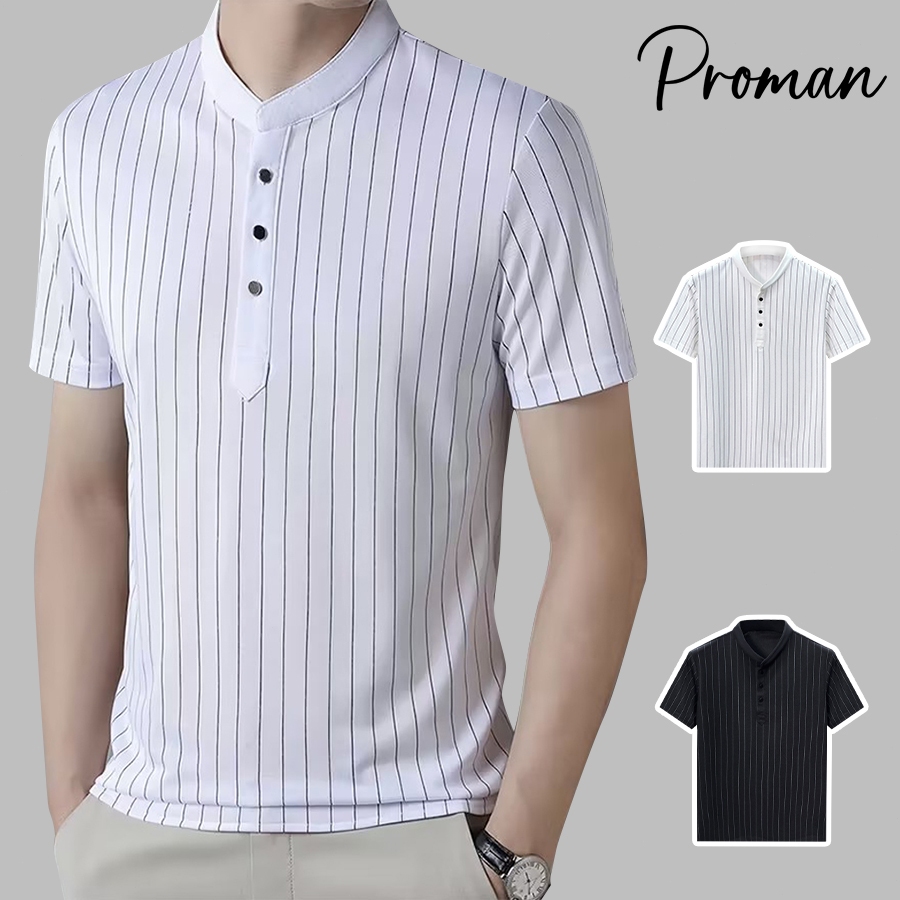 PROMAN เสื้อโปโลผู้ชาย ผ้านุ่ม สไตล์เกาหลี ทรงรัดรูป ลายทางตั้ง เฉพาะผู้ชาย ใส่ทำงานประจำวัน เหมาะฤดูร้อน พร้อมส่ง