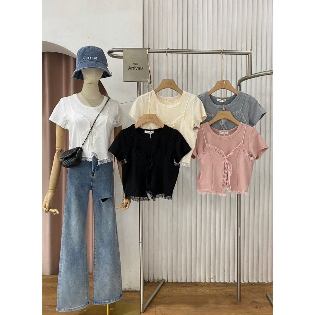 (*ใช้โค้ดลด 25 % เหลือ 188.-) เสื้อยืดร่องแต่งสายเดี่ยวลูกไม้ผูกหน้า สไตล์เกาหลี 🎀