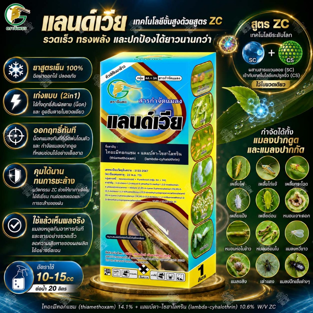 [12 ขวด] แลนด์เวีย 1 ลิตร ZC ไทอะมีทอกแซม + แลมบ์ดา-ไซฮาโลทริน กำจัด หนอน แมลง เพลี้ยไฟ แมลงหวี่ขาว