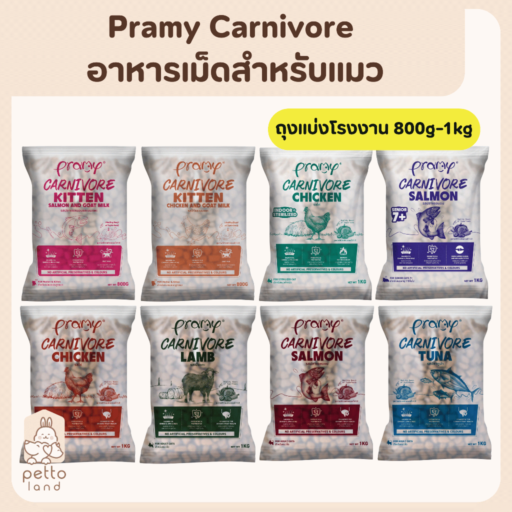 Pramy Carnivore อาหารเม็ดสำหรับแมว สูตรโปรตีนจากเนื้อแท้ ขนาด 800g-1Kg **ถุงแบ่งโรงงาน**