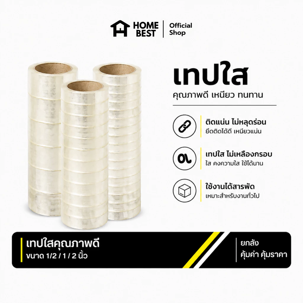 HomeBest เทปใสปิดกล่อง 2 นิ้ว ยาว 100 หลา ความหนา 50 ไมครอน ยกลัง 72 ม้วน