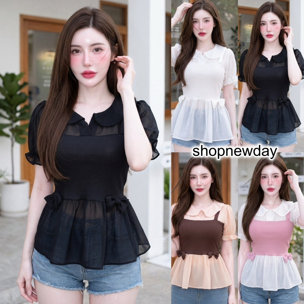 เสื้อแฟชั่น ผ้าร่องพรีเมียม แต่งผ้าซีฟอง ดีเทลแต่งซ้อน2ชิ้น แขนตุ๊กตา คอปกแต่งโบว์หน้า สม็อคหลัง ใส่สบาย ใส่แมท LG406