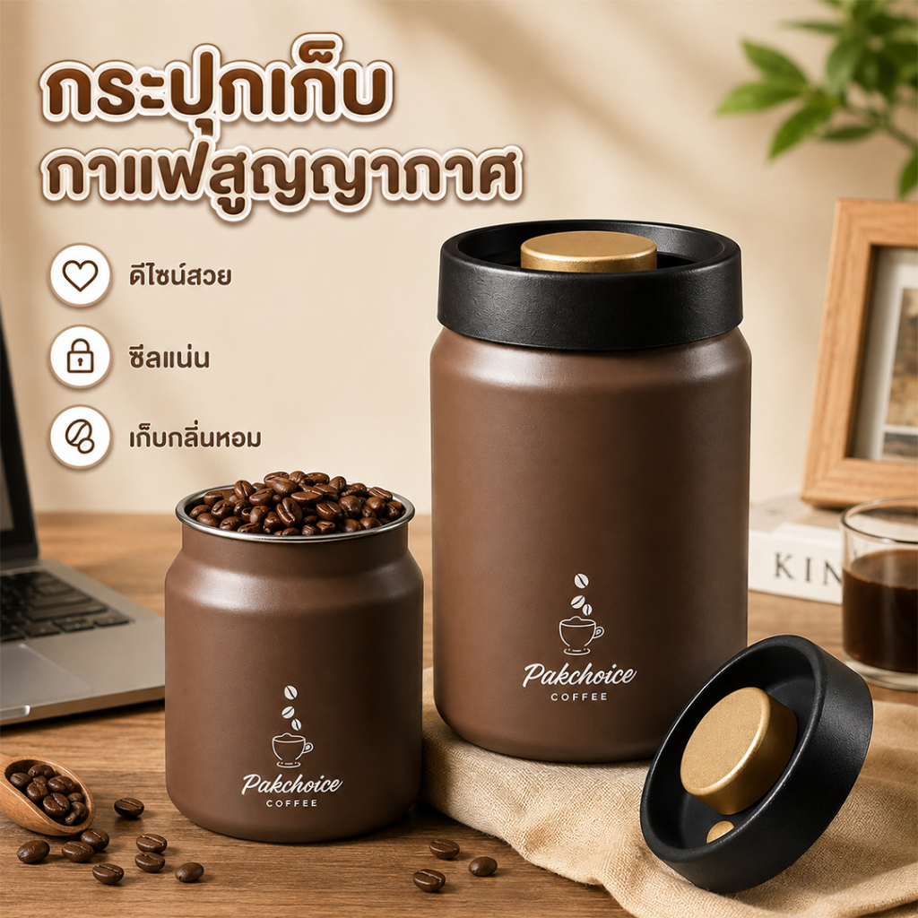 โถเก็บกาแฟสูญญากาศ สแตนเลส 316 ดีไซน์สวย ซีลแน่น กันชื้น กดปุ่มเดียว ใส่เมล็ดกาแฟ ชา 500/900/1200ml
