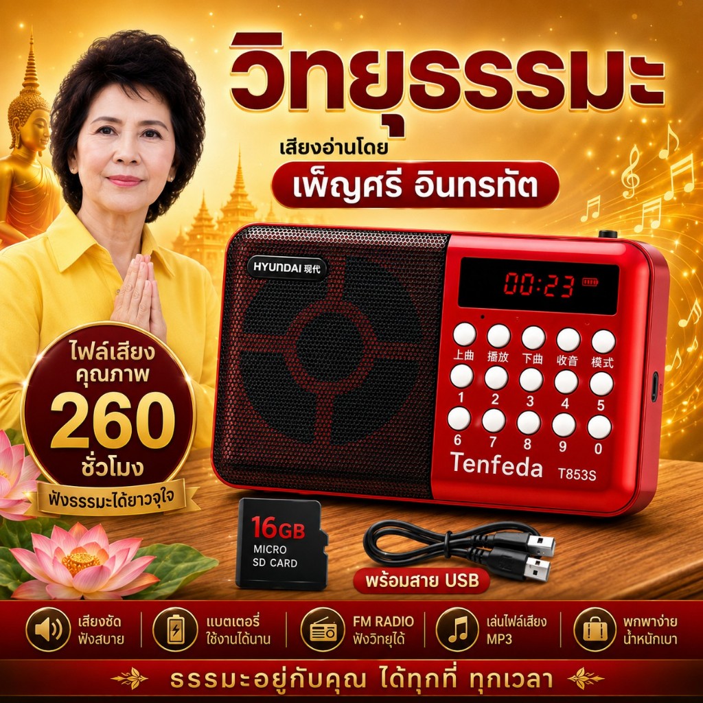 วิทยุธรรมะ เครื่องเล่นธรรมะ Tenfeda T853S พร้อมเมม 16GB ธรรมะ 260 ชม. เสียงเพ็ญศรี อินทรทัต FM MP3 ป