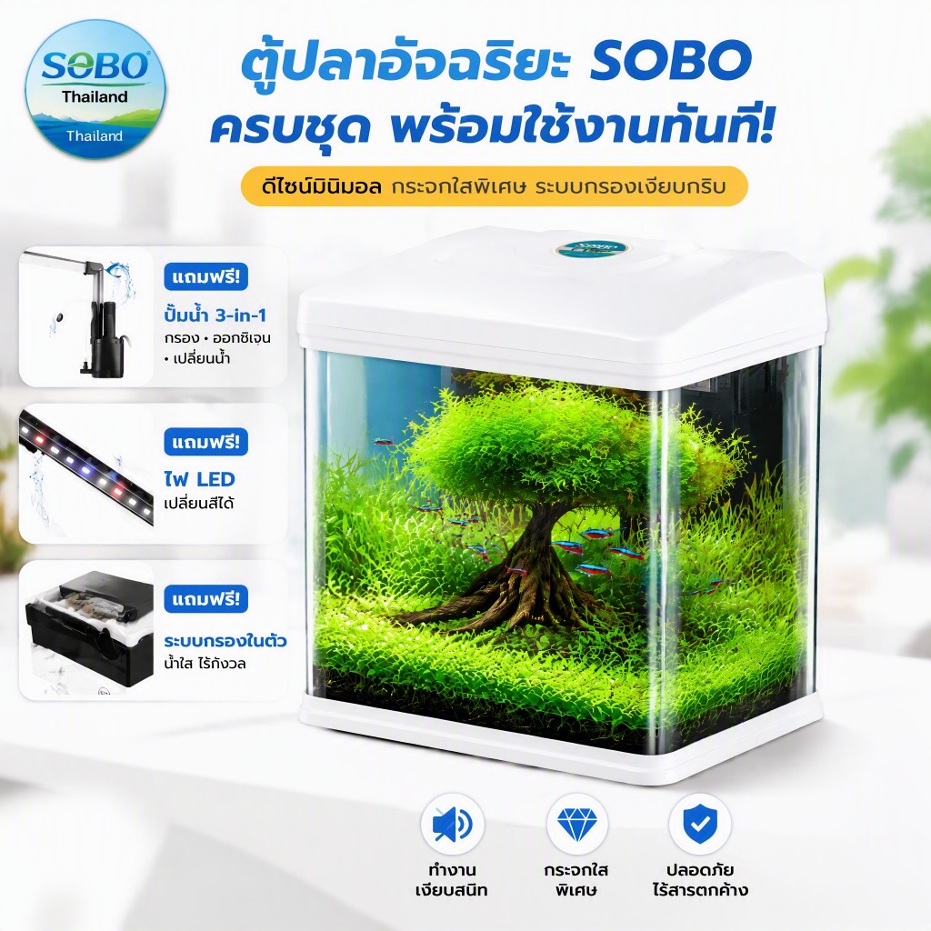 Sobo ตู้ปลา ไฟตู้ปลา ตู้ปลาเล็ก ตู้ปลาเลโก้ ไฟ led ตู้ปลา ตู้ปลายาว ตู้ปลาโค้ง ตู้ปลามินิ T190F/240F