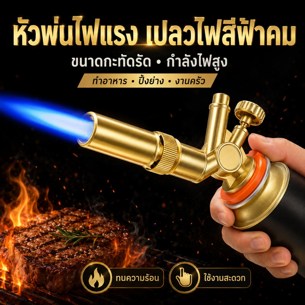 🔥หัวพ่นไฟแก๊สทองเหลือง หัวเบิร์นอาหาร ปรับเปลวไฟได้ จุดไฟอิเล็กทรอนิกส์ สำหรับทำอาหาร เบิร์นชีส คาราเมล BBQ