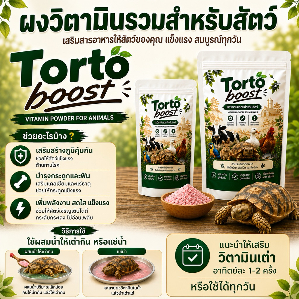 Torto boost ผงวิตามินรวมสำหรับสัตว์ช่วยเสริมภูมิคุ้มกัน ละลายน้ำง่าย ใช้งานสะดวก