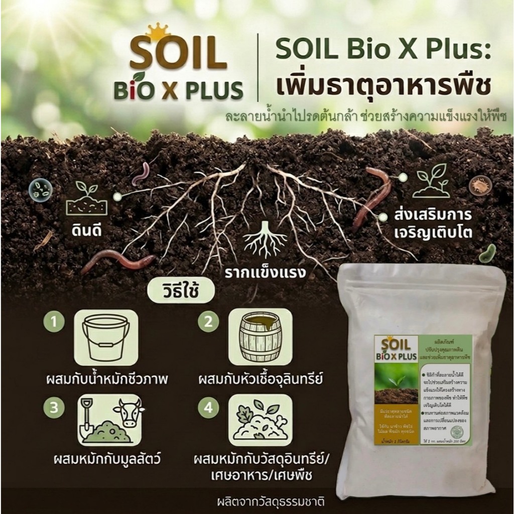 SOIL Bio X PLUS: 1kg.ผงแร่ธรรมชาติ ใช้ผสมกับปุ๋ยหมักและวัสดุปลูกเพิ่มประสิทธิภาพ น้ำหนัก 1 กก.