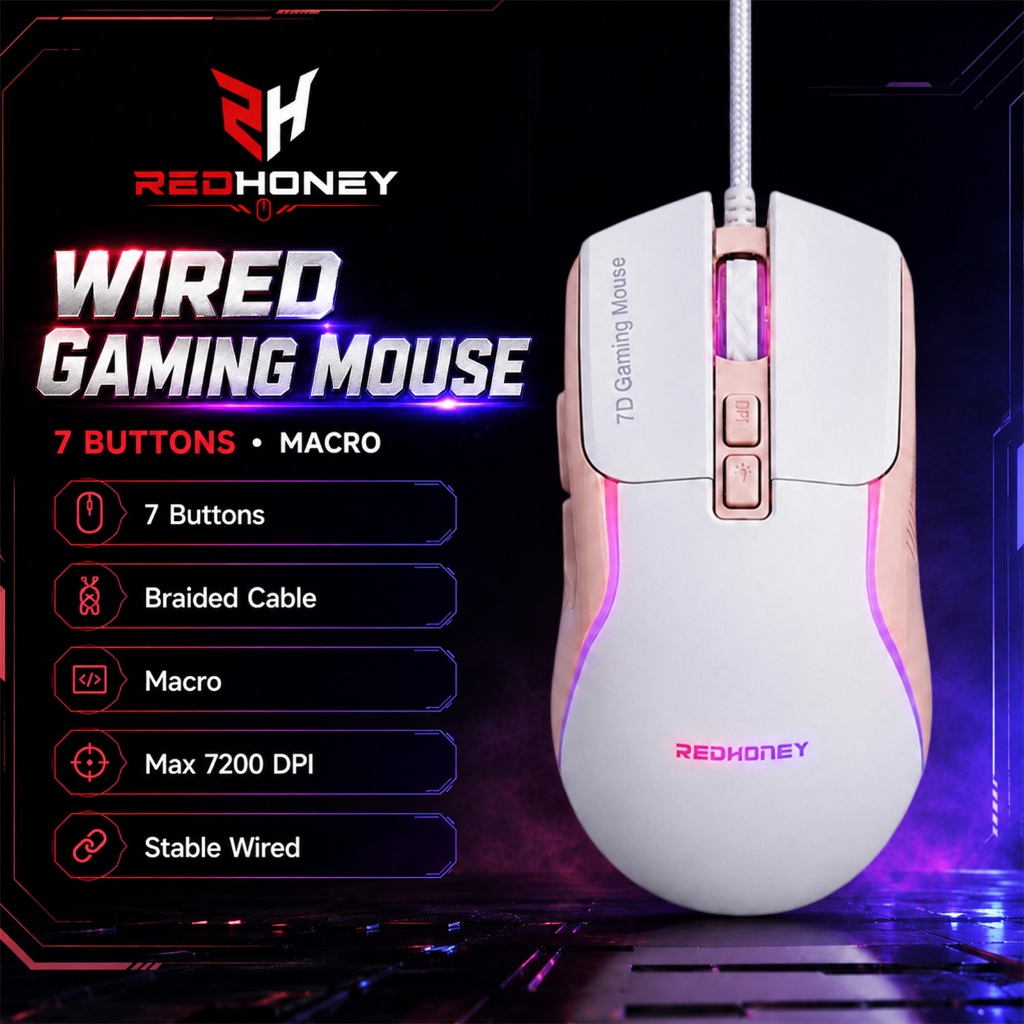 Redhoney เมาส์เกมมิ่ง เมาส์มาโครRGB Gaming Macro Mouse ตั้งมาโครคีย์ได้