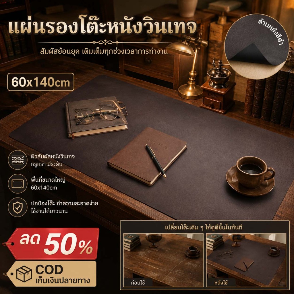 ดีลเด็ด ขนาด 60x140 ซม. แผ่นรองโต๊ะสไตล์วินเทจ หนังสีเรียบ กันคราบ ดูแลง่าย สำหรับโต๊ะเกมและโต๊ะออฟฟิศ