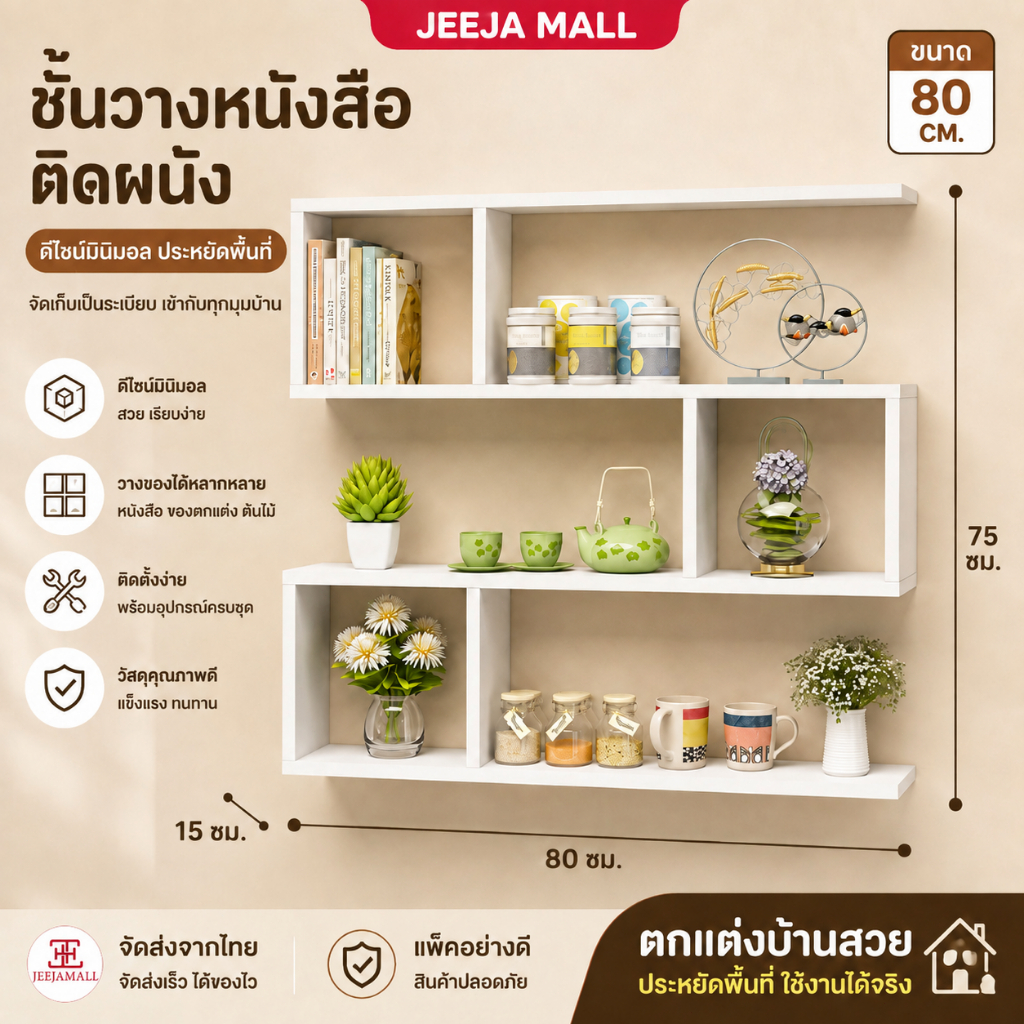JJM ชั้นวางของติดผนัง สไตล์มินิมอล ชั้นวางหนังสือ ติดผนัง ประหยัดพื้นที่ ดีไซน์สวย ใช้แต่งบ้าน วางของตกแต่ง