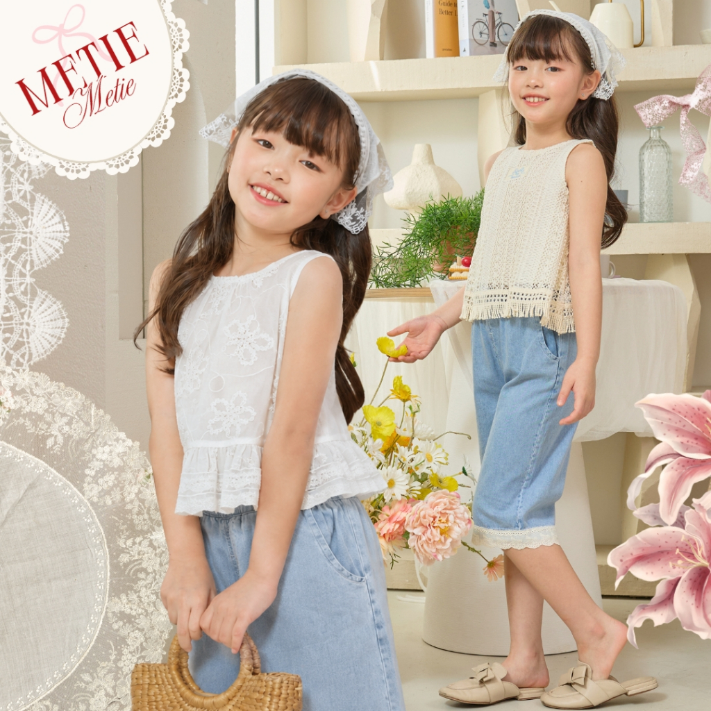 Metie เสื้อผ้าเด็ก ชุดเซ็ตเด็กผู้หญิง 5-7 ปี เสื้อแขนกุด+กางเกงยีนส์ สายหวาน น่ารัก 3030-3032