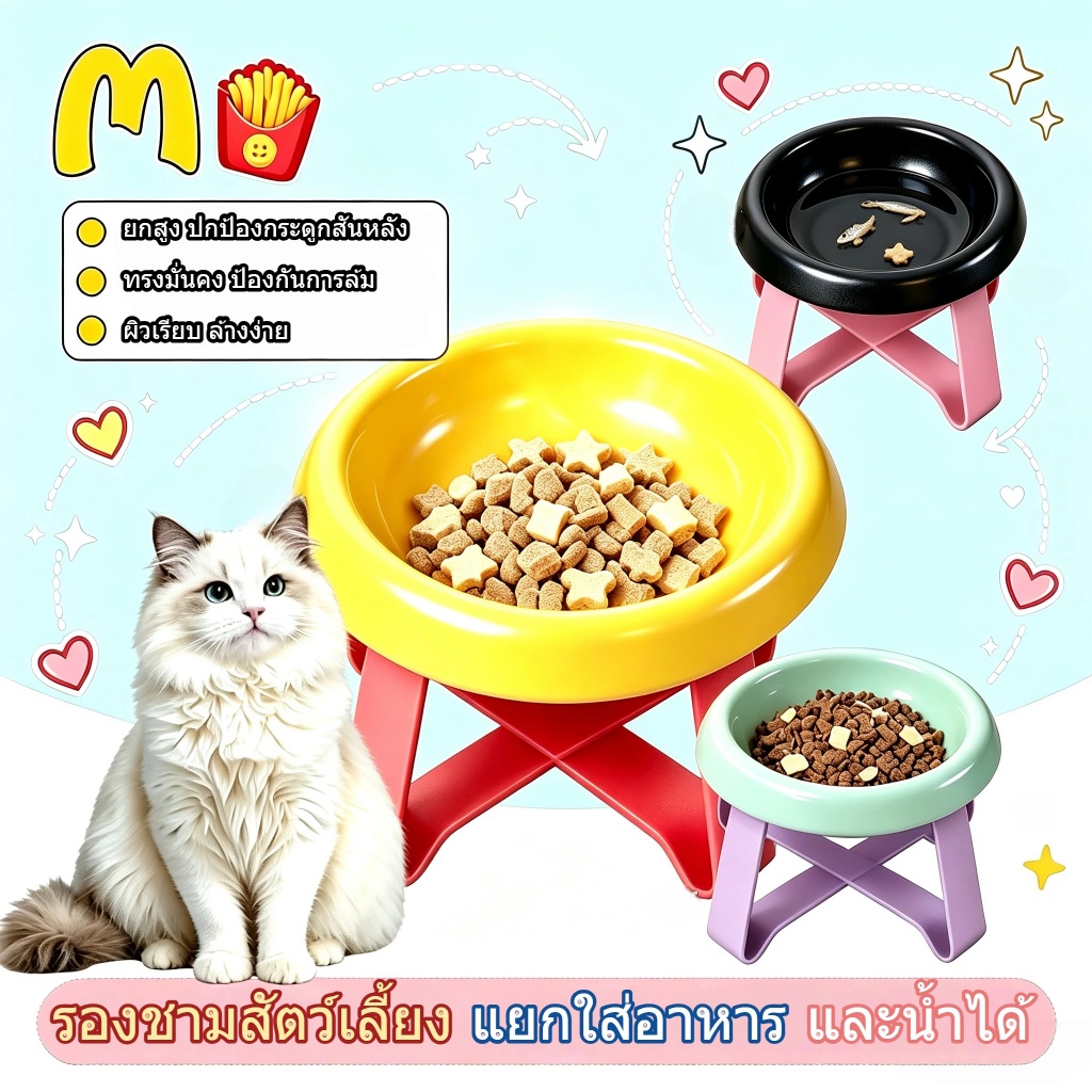 ชามอาหารแมวโทนสีพาสเทล พร้อมขาตั้งทรงยกสูง ปกป้องกระดูกสันหลัง กินสบาย ถอดล้างได้ ป้องกันพลิกคว่ำ สำหรับสัตว์เลี้ยง