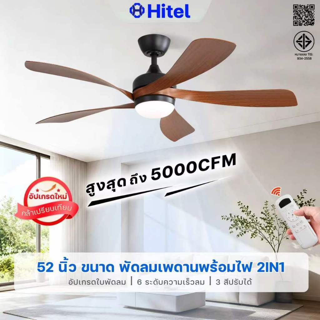 Hitel【สินค้าขายดี】 พัดลมเพดานสไตล์เรโทรระดับไฮเอนด์ 52 นิ้ว มินิมอล โคมไฟพัดลม ไฟ 3 สี LED ความเร็วลม 6 พัดลมไร้เสียง