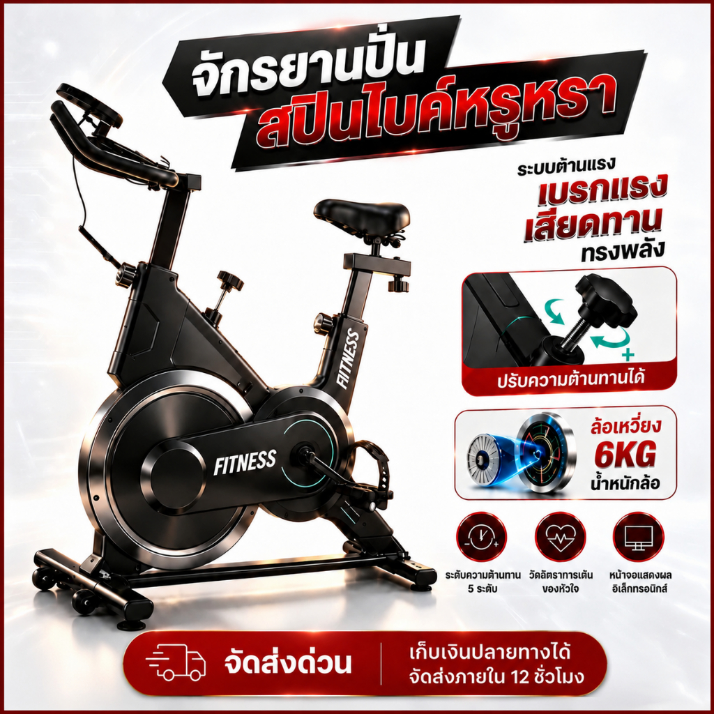 จักรยานออกกำลังกาย Spin Bike จักรยานฟิตเนส Spinning Bike แม่เหล็ก ล้อเหวี่ยง 6KG เงียบ ใช้ในบ้าน ปรั